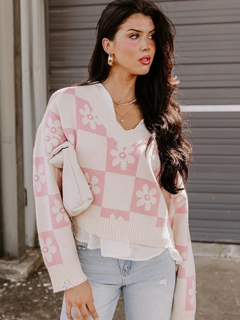 POL Floral Pink Checkered Distressed Pearl Embellished Boho Sweater Size L
